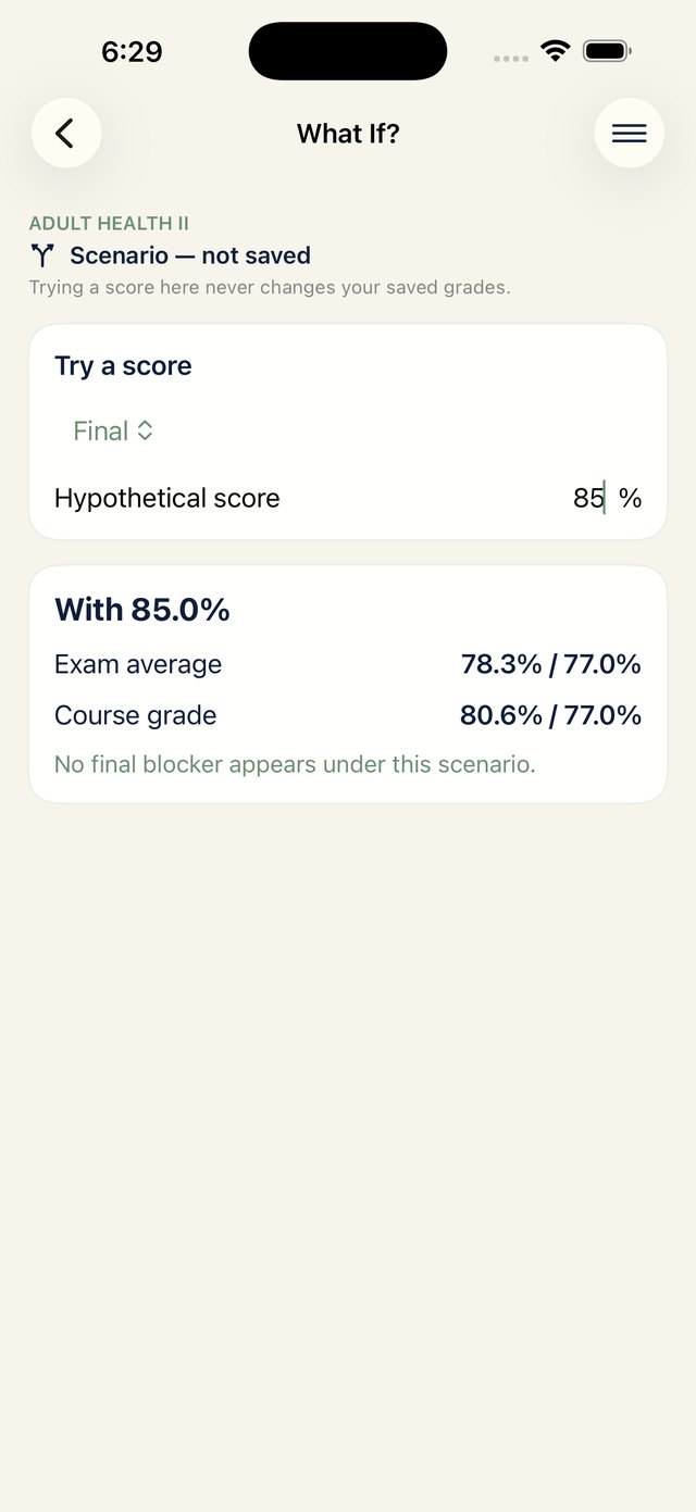 The What if? screen. With a hypothetical score of 85.0%, exam average becomes 78.3% against 77.0% required and course grade becomes 80.6% against 77.0% required.