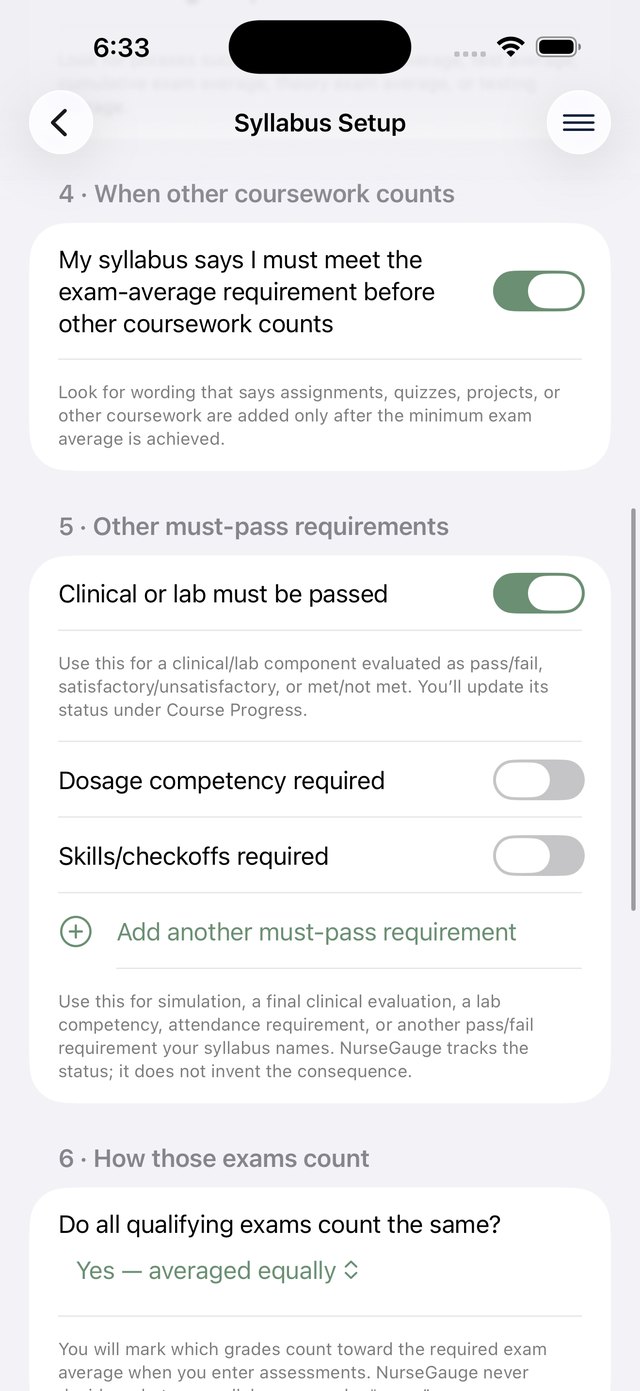 The Syllabus Setup screen, listing must-pass requirements: clinical or lab to be passed, dosage competency required, and skills or benchmark required.